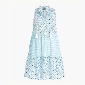 J.Crew Sleeveless Tiered Tassel Cover-Up in White Blue Mixed Print | Small